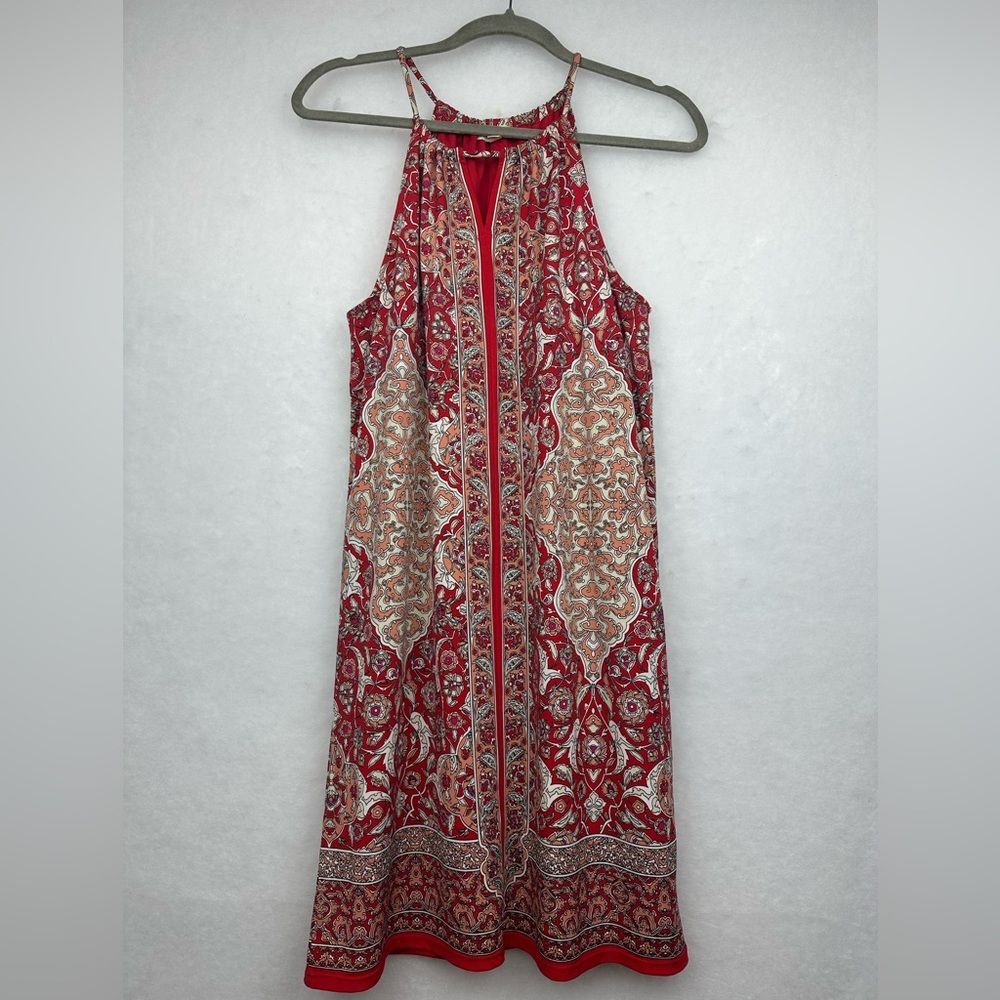Max Studio Mini Dress Sz S Red/White Paisley Print Boho Halter Style